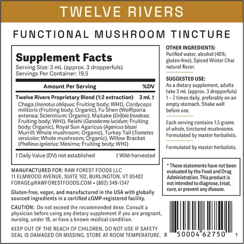 Vista 7 de RAW Forest Foods Tintura de elixir MycoMedic de hongos funcionales de doce ríos - Extracción 1:2 verdadera de doble etapa - Chai de invierno