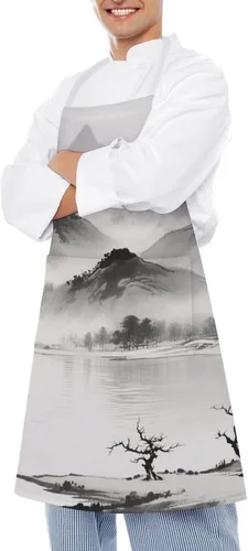 Vista 4 de MUSM Apron for Adults - 27.6 X 31.5 Inch, Heavy-Duty Polyester Aprons with Two Large Pockets, Waterproof Ink Painting Landscape Kitchen Apron for