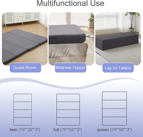 Vista 3 de MeMoreCool Colchón de futón de espuma plegable tamaño Queen, colchón plegable japonés, tapete para dormir para adultos, invitados, fiestas