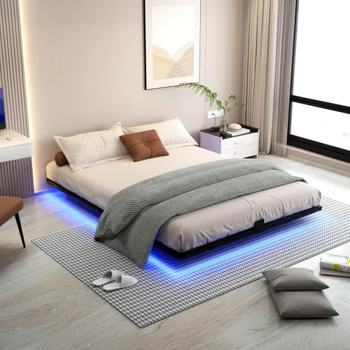 Vista 9 de Base de cama flotante con luces LED y estación de carga - Base de cama moderna de plataforma metálica con juntas de colchón - Libre de ruido,