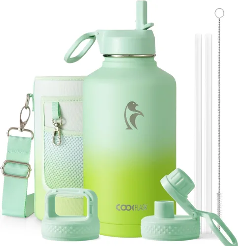 Vista 64 de Coolflask Botella de agua de 20 onzas aislada con pajilla, 3 tapas de metal de acero inoxidable, botella de agua de boca ancha para deportes u