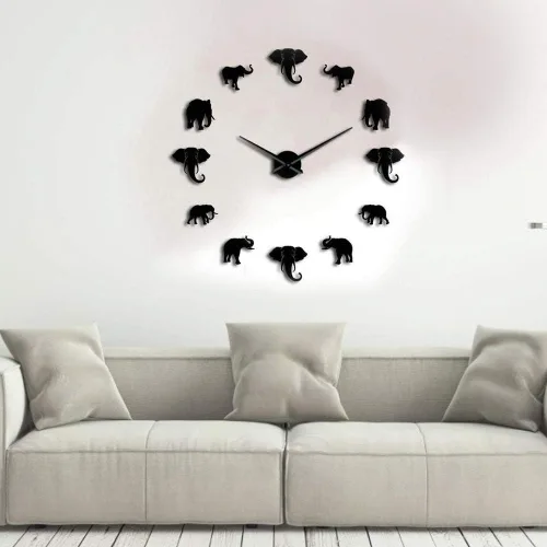 Vista 6 de Reloj de pared, diseño único de elefante con forma de animal, reloj de pared para bricolaje, espejo acrílico, decoración para el hogar