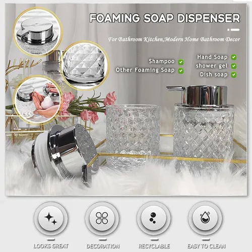 Vista 6 de Dispensadores de jabón espumoso de mano de vidrio con bomba plateada, dispensador de jabón de manos recargable para baño y cocina (1 paquete-D881)