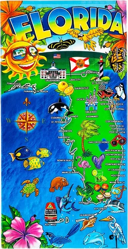 Vista 4 de Florida - Toalla de playa de 30 x 60 pulgadas, 100% algodón (Flamingo Florida Map, una toalla)