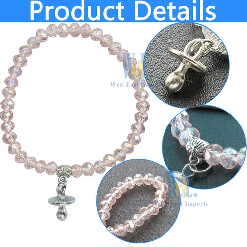 Vista 3 de WE Baby Shower Girl - Pulsera elástica de cristal rosa con dije para chupete (12 piezas)