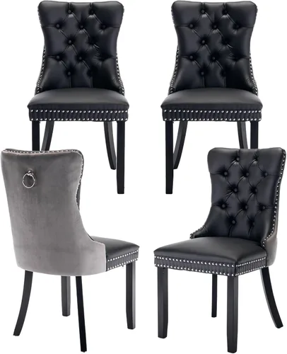 Vista 70 de Juego de 2 sillas de comedor de terciopelo, silla de comedor tapizada de alta gama con tirador de anillo en la espalda, adorno de clavos y patas