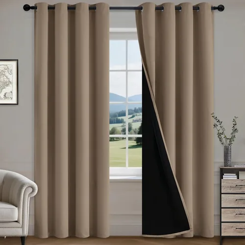 Vista 57 de COSVIYA Cortinas opacas 100% beige Biscotti para dormitorio, juego de 2 paneles de 63 pulgadas de largo, bloqueo de luz completa, aislamiento