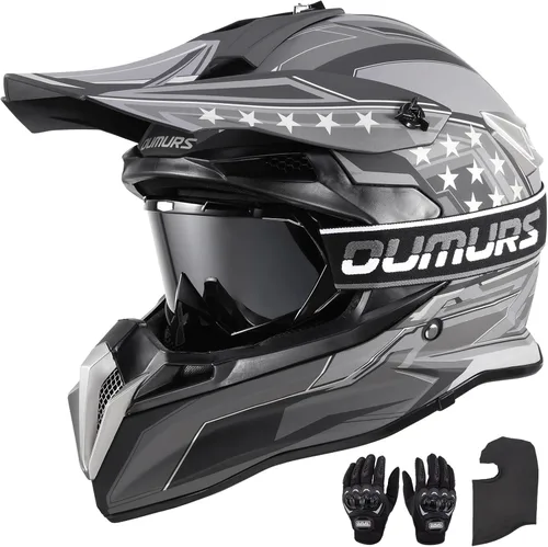 Vista 11 de OUMURS DOT Casco de Dirt Bike para Adultos con Gafas, Guantes y Máscara, Visera Solar Ajustable, Casco de Motocicleta ATV Todoterreno Motocross