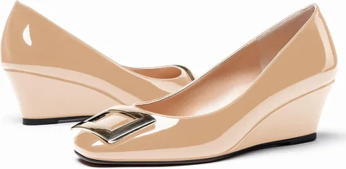 Vista 6 de WAYDERNS Zapatos de vestir de noche de tacón bajo con hebilla de metal dorado y puntera cuadrada para mujer, zapatos de vestir de noche de 2 pulgadas