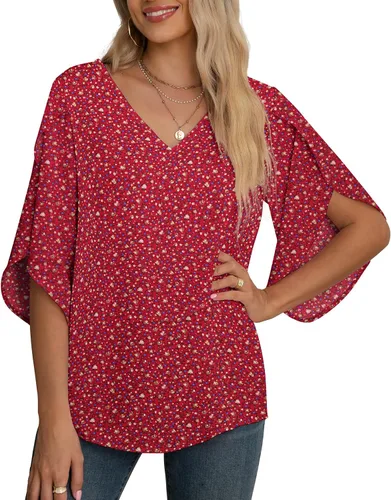 Vista 30 de Blusas de gasa con mangas 3/4 arrugadas de otoño para mujer de Jouica 01amy Verde