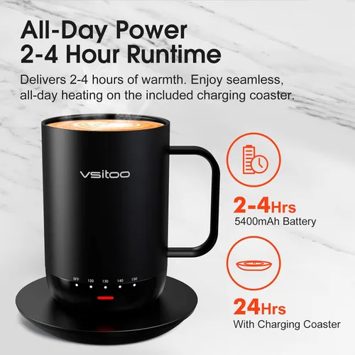 Vista 3 de Vsitoo S3 Pro - Taza de café autocalentable de 16 onzas con sensación automática que se calienta a 120-150 ℉ 2-4 Hour Battery, 5400mAh, IPX7