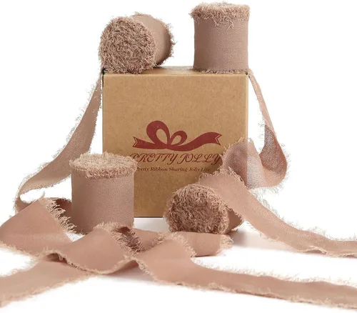 Vista 12 de Pretty Jolly Cinta de gasa beige para envolver regalos, 3 rollos de 2 pulgadas x 7 yardas, cinta de tela de seda hecha a mano con flecos para ramo