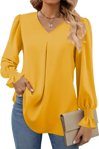 Vista 14 de Funlingo Blusas de mujer con mangas largas 2025, elegantes y casuales, con cuello en V, túnica suelta de gasa para el trabajo