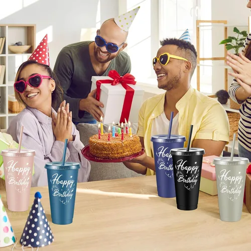Vista 6 de Uiifan Paquete de 30 vasos de cumpleaños con tapas y pajitas, tazas de Color Morandi
