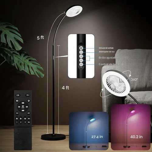 Vista 2 de Ventilador de piso con luz, lámpara de pie regulable RGB de 26W LED Ventilador de lámpara de pie de 3 velocidades con control remoto, cuello