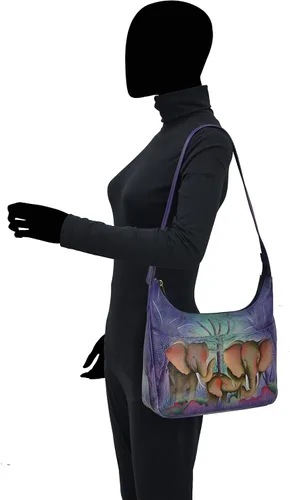 Vista 2 de Anna by Anuschka Women’s Original Hand-Painted Genuine Leather Medium Shopper Hobo Familia de elefantes