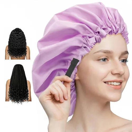 Vista 10 de Aquior Gorro de ducha para mujer, extra ajustable, doble capa, impermeable, reutilizable, gorra de pelo de tamaño grande para todo el cabello