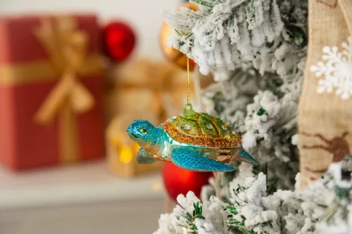 Vista 5 de Juego de 2 adornos de tortuga marina, adornos de tortuga marina de vidrio soplado a mano para árbol de Navidad, adorno de Navidad de tortuga marina