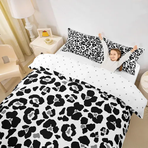 Vista 5 de Juego de funda de edredón con estampado de leopardo abstracto, tamaño individual, juegos de ropa de cama de piel de guepardo negro y gris