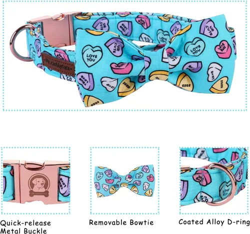 Vista 3 de MR. CHUBBYFACE - Collar de perro de San Valentín con corbatín, lindo collar de perro con corazón azul con hebilla de metal, collar de algodón