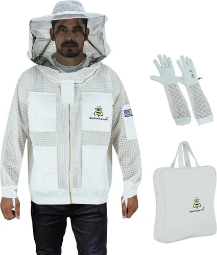 Vista 10 de 3-Layer Ventilated Mesh Bee Jacket for Men & Women with Veils Sting-Proof Beekeeping Jacket with Leather Gloves & Bag
