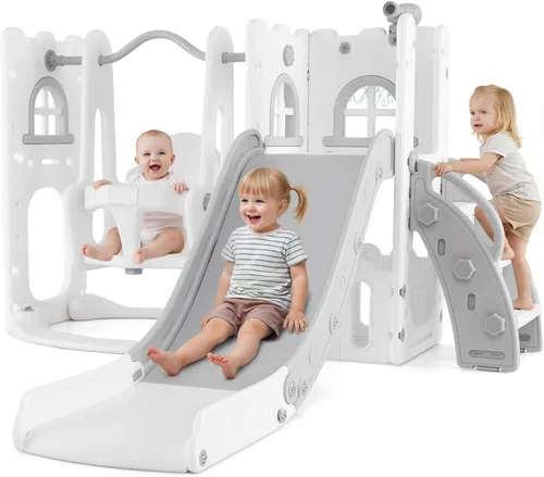 Vista 13 de OLAKIDS Tobogán para niños pequeños, 6 en 1 para interiores y exteriores, con aro de baloncesto, telescopio, almacenamiento de juguetes para niños