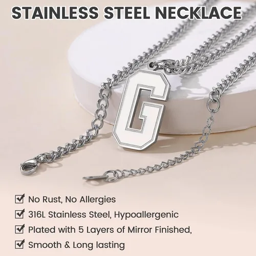 Vista 4 de GoldChic - Collar con letra inicial para hombre, de acero inoxidable, collar de iniciales grandes para deportistas y atletas, colgante del alfabeto