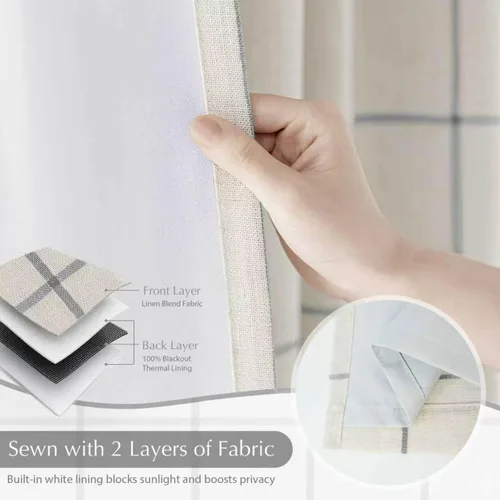Vista 6 de DriftAway 2 paneles cortinas de lino a cuadros 100% opacas de doble capa cortinas para dormitorio de 96 pulgadas de largo estilo granja con Gris