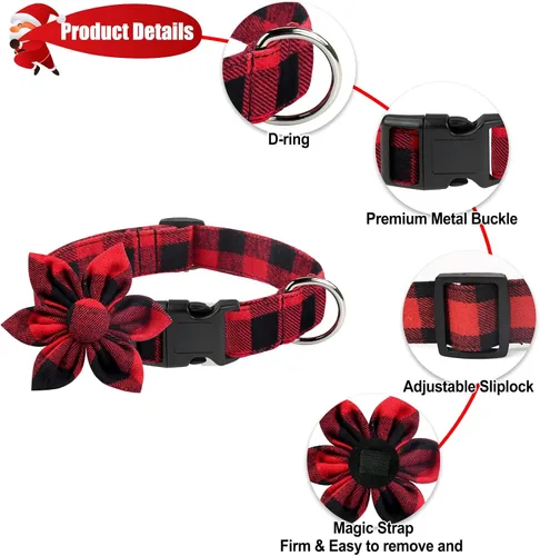Vista 4 de Malier Collar de Navidad para perro con flor, clásico collar de perro a cuadros de búfalo con hebilla, collares de Navidad ajustables con pajarita