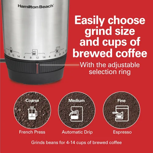 Vista 9 de Hamilton Beach Molinillo de café eléctrico Custom Grind para 4 a 14 tazas, operación de una pulsación sin usar las manos con apagado automático