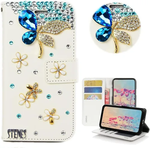 Vista 9 de Bling - Funda tipo cartera compatible con Samsung Galaxy S21 Ultra, elegante funda de piel con diseño de libélula y mariposa 3D hecha a mano con Azul