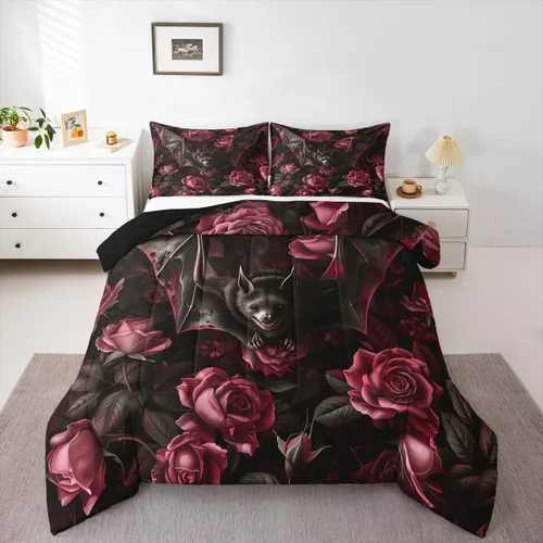 Vista 21 de Juego de edredón de polilla de la muerte, juego de ropa de cama tamaño individual, diseño de calavera gótica, flores botánicas, juego de edredón