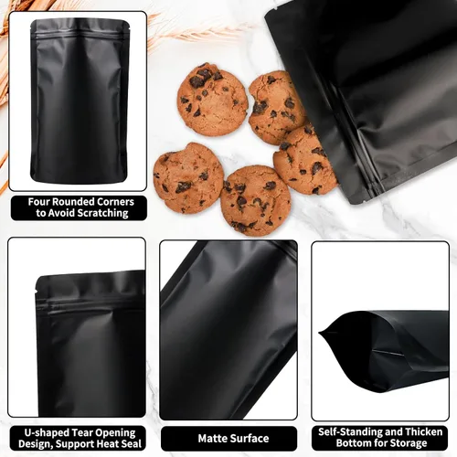 Vista 2 de 100 paquetes de bolsas de mylar a prueba de olores resellables, bolsas de pie negras con sello de aluminio para embalaje, 3.9×5.9 pulgadas