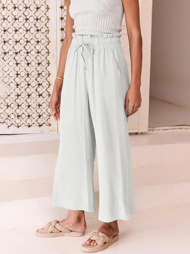 Vista 8 de ANRABESS Pantalones de lino para mujer, casuales, holgados, de cintura alta, bohemios, pierna ancha, pantalones de playa estilo palazzo, trajes