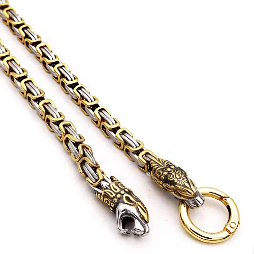 Vista 5 de Collar con colgante de lobo Fenrir con cabeza de dragón dorado con mezcla de acero inoxidable para hombre, amuleto vikingo nórdico con dije de lobo