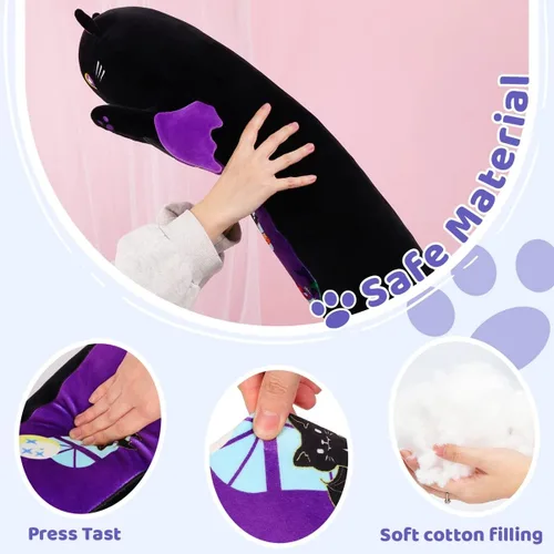 Vista 2 de AIXINI Almohada larga de felpa de gato negro de dibujos animados, suave juguete de peluche de gatito Kawaii para niños (gato gótico, 35.4 pulgadas)