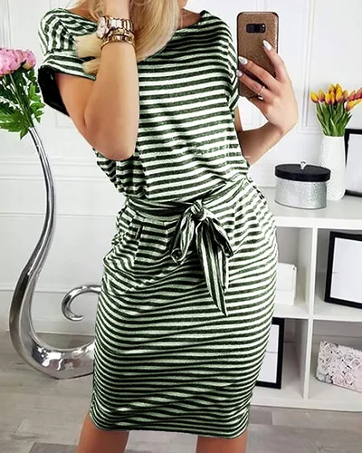 Vista 2 de PRETTYGARDEN - Vestido de verano para mujer, manga corta con cuello redondo, a rayas, prenda básica de color liso, con lazo en la cintura y bolsillos