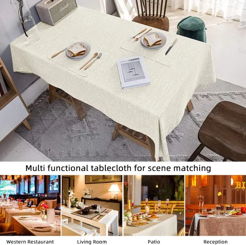 Vista 7 de Manteles redondos impermeables de lino de algodón, se limpian con un paño, para mesa de comedor, interiores y exteriores, bufetes, fiestas y Beige