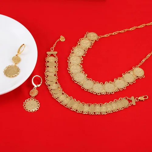 Vista 4 de Juego de joyas chapadas en oro, joyería etíope, moneda, pulsera, pendientes, collar, Latón