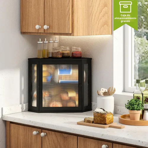Vista 4 de Caja de pan de esquina BMOSU para encimera de cocina de doble capa de bambú contenedor de pan de madera de gran capacidad (negro, mediano)