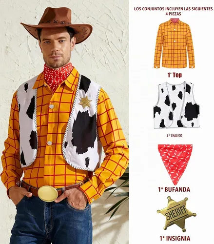 Vista 4 de Disfraz de sheriff de vaquero occidental para hombre, con botones, kit de camisa a rayas (amarillo, S)