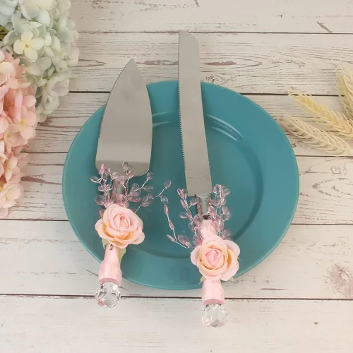Vista 4 de Juego de 2 piezas de pala para tartas serie rosa, accesorio para sitios de boda, cuchillo de pan, suministros de boda occidental, acero inoxidable