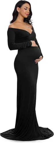 Vista 3 de ZIUMUDY - Vestido ajustado de maternidad con cuello en V fruncido, hombros descubiertos, manga larga, maxivestido para fotografía