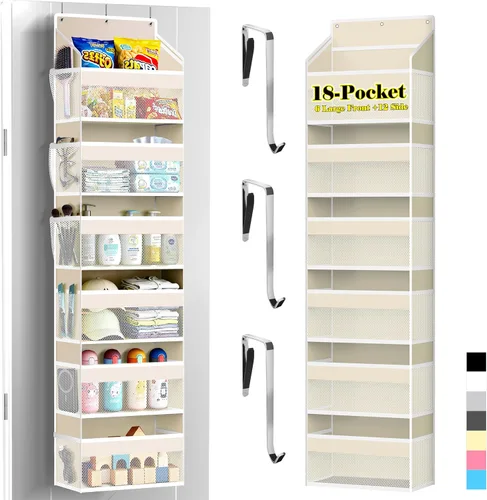 Vista 10 de PAULONE 1 paquete de organizador resistente para puerta, 6 grandes + 12 bolsillos de malla con capacidad de 40.4 kg, almacenamiento colgante que