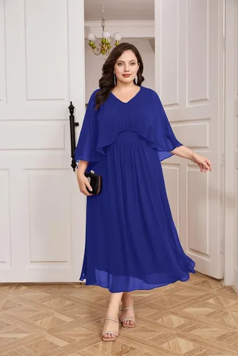 Vista 8 de Hanna Nikole Vestido de fiesta de noche de gasa con cuello en V para mujer, talla grande, manga capa, maxi vestidos para invitados de boda