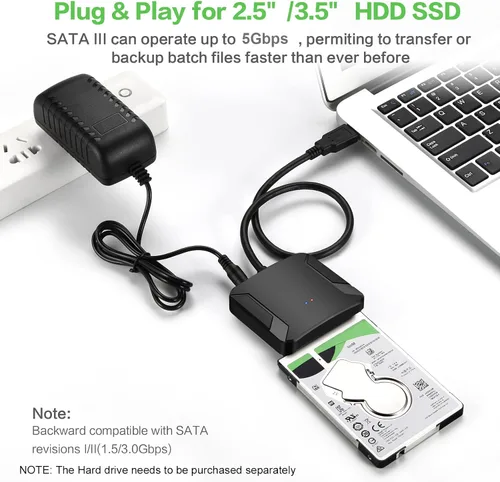 Vista 4 de Adaptador SATA a USB 3.0, cable convertidor de disco duro externo para disco duro de 2.5" 3.5", SSD con fuente de alimentación