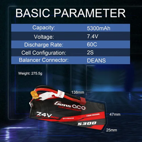 Vista 2 de Gens ace 2S Lipo Batería 7.4V 60C 5300mAh Lipo Batería HardCase Pack con Deans Plug para RC Car