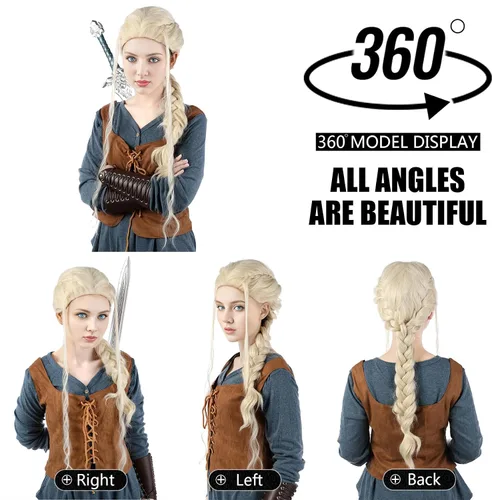 Vista 5 de MUPUL Peluca rubia larga trenzada para disfraz de ciri, para mujer, fiesta de Halloween, cosplay, accesorios de disfraz