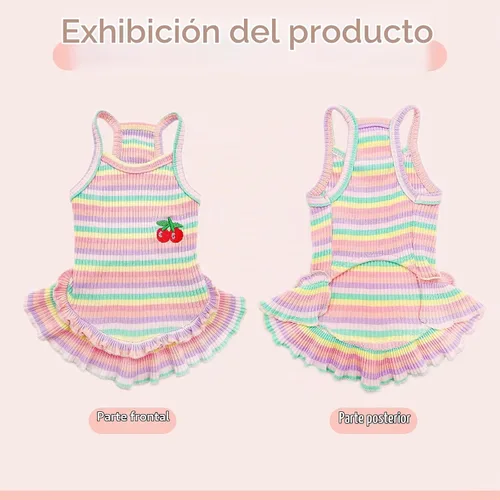 Vista 6 de Lindo vestido de perro para perros pequeños y niña, ropa de cumpleaños, ropa de primavera y verano, trajes de perro, arco iris, colorido, a rayas
