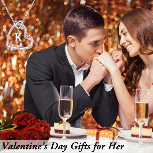 Vista 8 de Collares de plata de ley S925 con forma de corazón rosa, regalos para mujeres, collar con dije de letra inicial de corazón de circonita cúbica